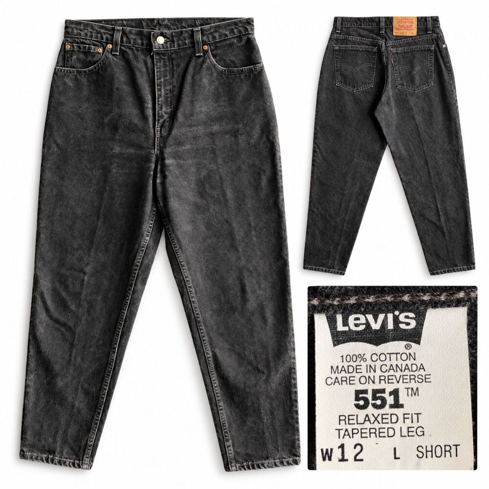 VINTAGE Levis 551 Jeans 12 Short Womens Black Relaxed Fit Tapered Leg Dark Wash